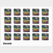 4 juli hotdog en vuurwerk vierkante sticker (Vel)