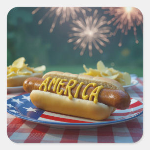 4 juli hotdog en vuurwerk vierkante sticker
