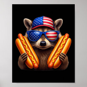 4 juli Hotdog Funny Raccoon Patriottisch Schattige Poster