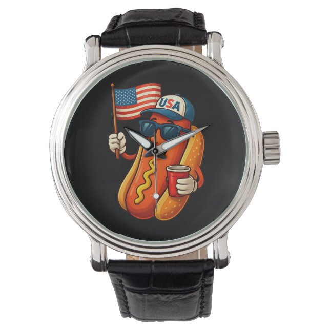 4 juli Hotdog Grappige Patriottische Vlag VS Horloge (Voorkant)