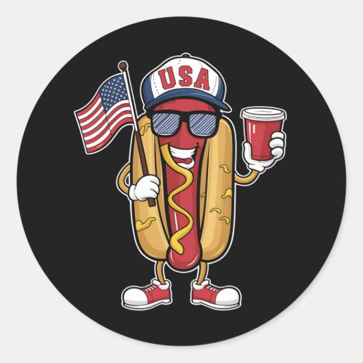 4 juli Hotdog Grappige Patriottische Vlag VS Ronde Sticker (Voorkant)