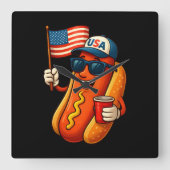 4 juli Hotdog Grappige Patriottische Vlag VS Vierkante Klok (Voorkant)