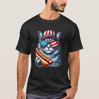4 juli Hotdog Kat Grappige Patriottische Kat USA V T-shirt