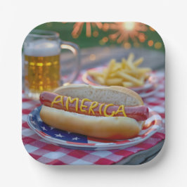 4 juli hotdog met bier en friet papieren bordje