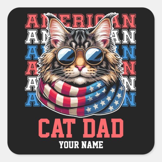 4 juli Kat in Bril Kat Papa Gepersonaliseerd Vierkante Sticker (Voorkant)