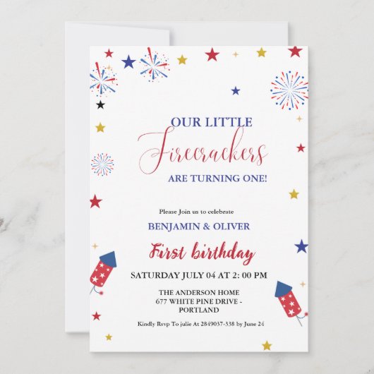 4 juli Kleine Firecracker 1e Twin Verjaardag Kaart (Voorkant)