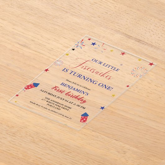 4 juli Kleine Firecracker 1e Verjaardag Acryl Uitnodigingen (Laagn)
