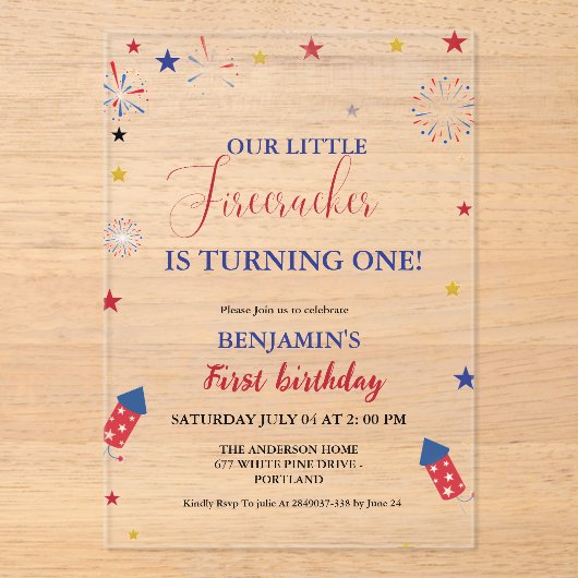 4 juli Kleine Firecracker 1e Verjaardag Acryl Uitnodigingen (Voorkant)