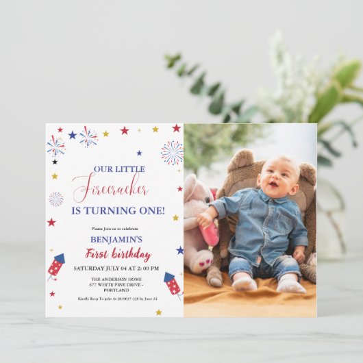 4 juli Kleine Firecracker 1e Verjaardag Kaart (Staand voorkant)