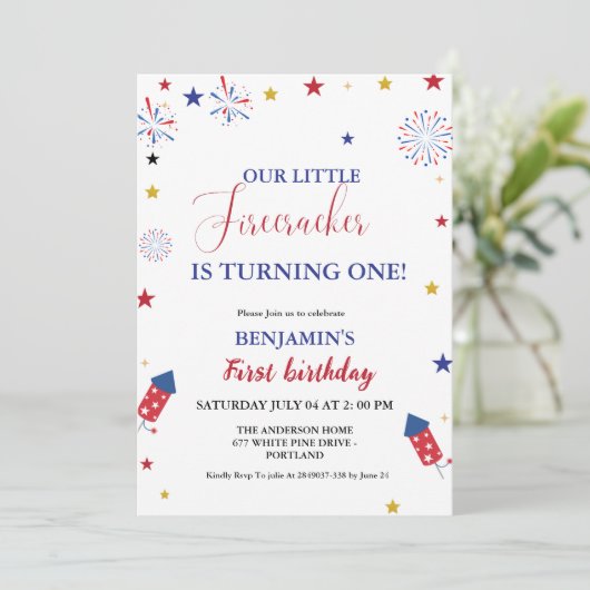 4 juli Kleine Firecracker 1e Verjaardag Kaart (Staand voorkant)