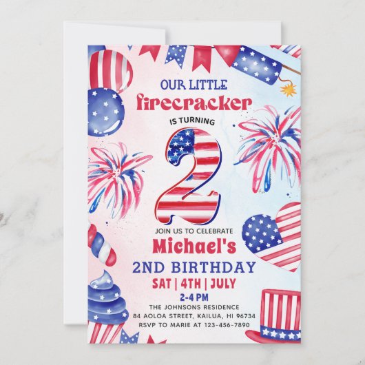 4 juli Kleine Firecracker 2e verjaardagsfeestje Kaart (Voorkant)