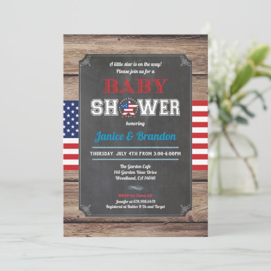 4 juli koppels baby shower retro krijtbord kaart (Staand voorkant)