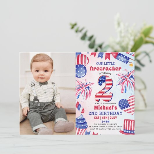 4 juli Little Firecracker 2e verjaardagsfoto Kaart (Staand voorkant)