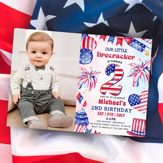 4 juli Little Firecracker 2e verjaardagsfoto Kaart