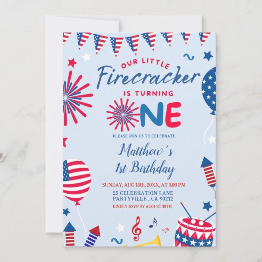 4 juli Little Firecracker Verjaardag Uitnodiging (Voorkant)