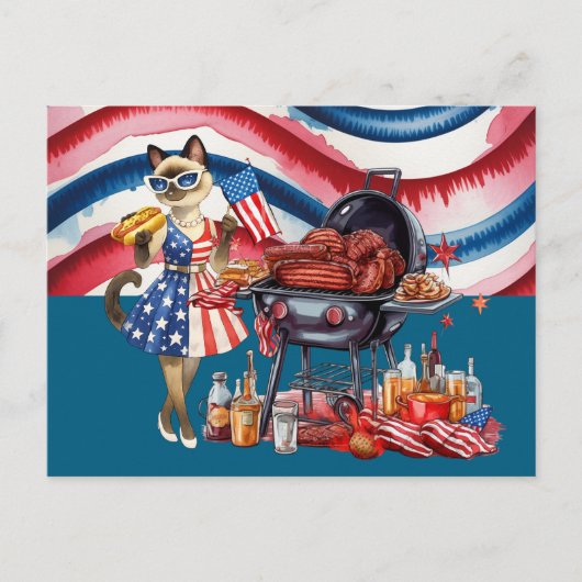 4 juli met Siamese Kat Barbecue Feest Feestdagenkaart (Voorkant)