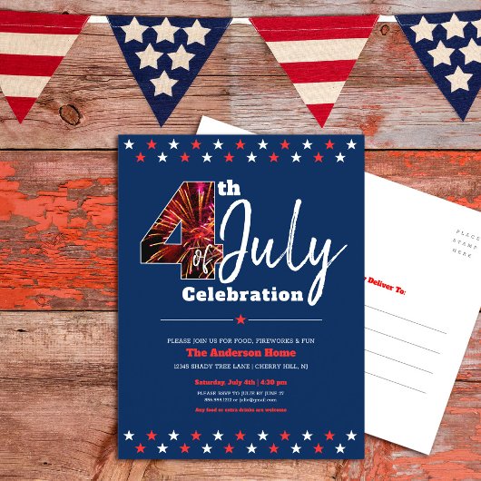 4 juli Mooi Moderne Vuurwerk USA Patriottisch Uitnodiging Briefkaart