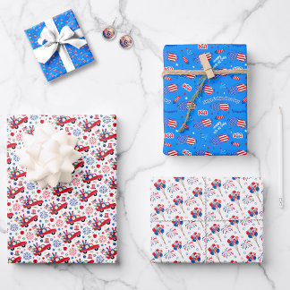4 juli-motieven Rood Wit Blauw 3 speelse patronen Inpakpapier Vel