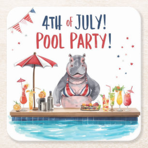 4 juli nijlpaard bikini in zwembadfeest kartonnen onderzetters