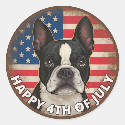 4 juli Onafhankelijkheidsdag Boston Terrier Circle Ronde Sticker (Voorkant)