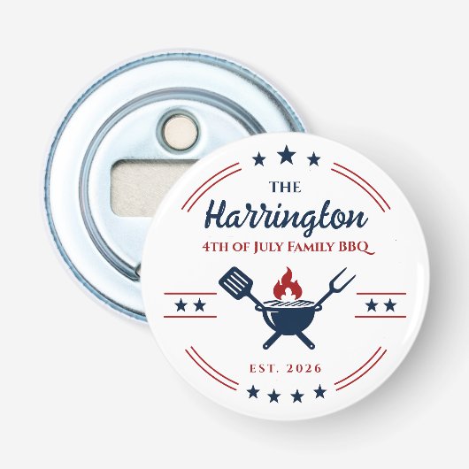 4 juli Onafhankelijkheidsdag Familie BBQ Button Flesopener (Voorkant)