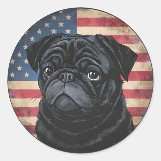 4 juli Onafhankelijkheidsdag Patriottische Pug Sti Ronde Sticker (Voorkant)