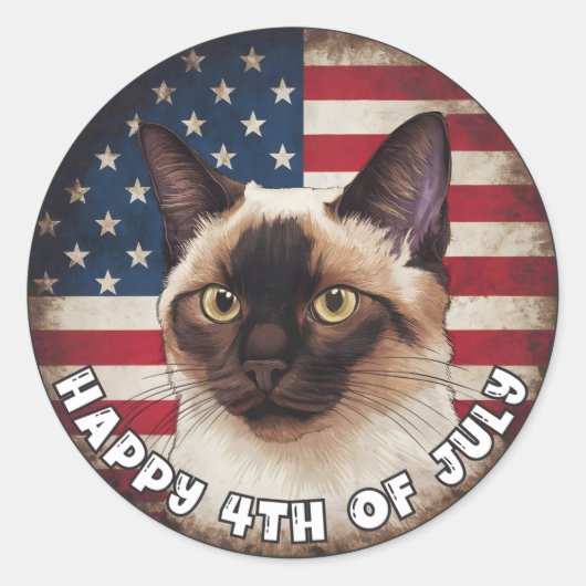 4 juli Onafhankelijkheidsdag Siamese Kat Cirkel Ronde Sticker (Voorkant)