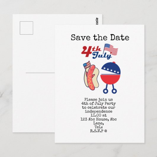 4 juli Opslaan van de partij Date Independence Day Briefkaart (Voorkant / Achterkant)