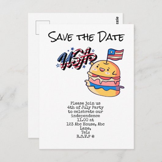 4 juli Opslaan van de partij Date Independence Day Briefkaart (Voorkant / Achterkant)