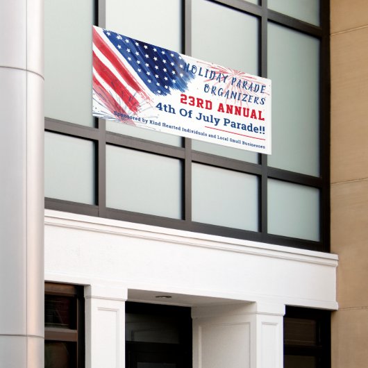 4 juli Parade Red White Blue Summer Company Spandoek (Buitenkant Gebouw)