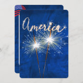 4 juli Party Sparkler op Blue Invitation Kaart (Voorkant / Achterkant)