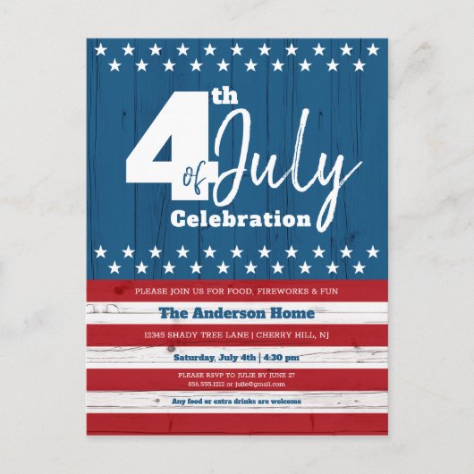 4 juli Patriotic Rustic Wood American Flag Uitnodiging Briefkaart (Voorkant)