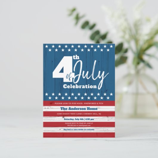 4 juli Patriotic Rustic Wood American Flag Uitnodiging Briefkaart (Staand voorkant)