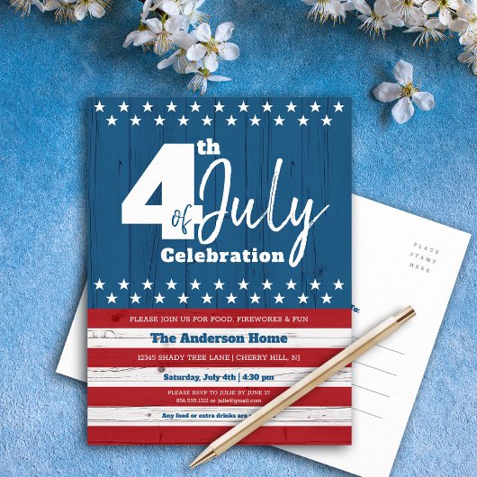 4 juli Patriotic Rustic Wood American Flag Uitnodiging Briefkaart