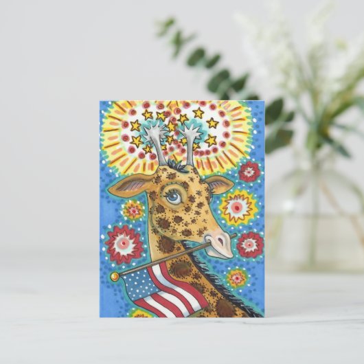 4 JULI PATRIOTISCHE GIRAFFE EN FIREWORKS Cute Fun Feestdagenkaart (Staand voorkant)
