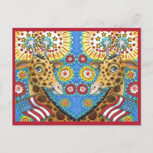 4 JULI PATRIOTISCHE TWEE GIRAFFES, FIREWORKS Fun Feestdagenkaart (Voorkant)