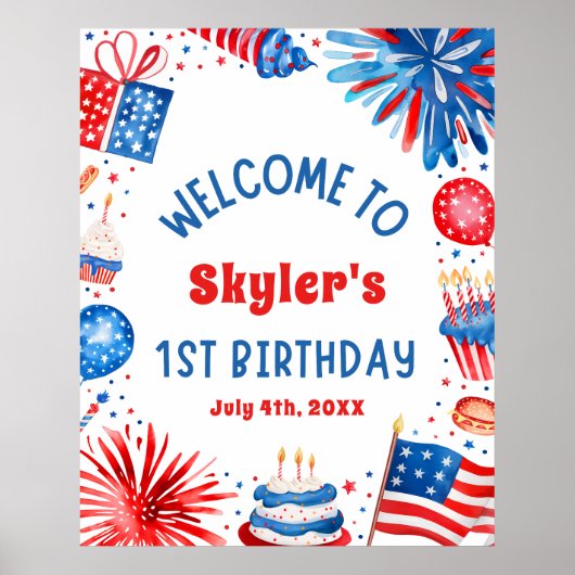 4 juli Patriottisch 1e Verjaardagsfeestje Welkomst Poster (Voorkant)