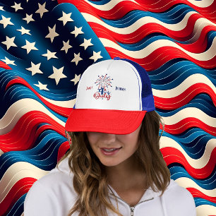 4 juli Patriottische Familie Reünie Modern Rood Bl Trucker Pet