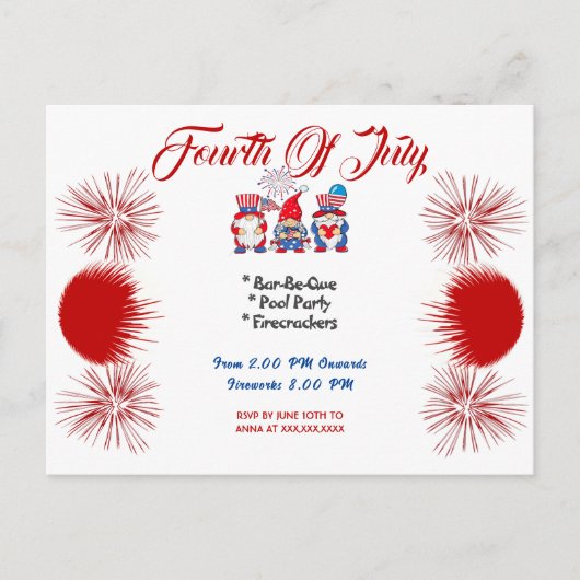 4 juli Patriottische Gnomen BBQ Uitnodiging Briefk (Voorkant)