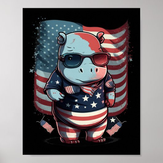 4 juli Patriottische Hippo Amerikaanse vlag Poster (Voorkant)
