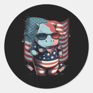 4 juli Patriottische Hippo Amerikaanse vlag Ronde Sticker