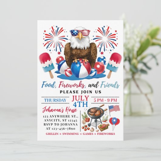 4 juli Pool Party BBQ Vierde juli Uitnodiging (Staand voorkant)