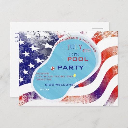 4 juli Pool Party Flag Invitation Briefkaart (Voorkant / Achterkant)