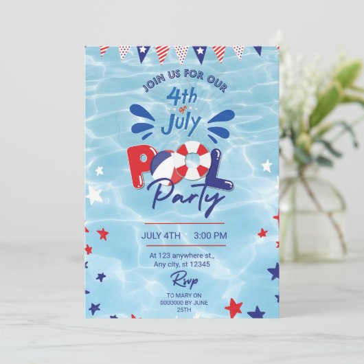 4 juli Pool Party Invitation Bewerkbare Zwemmen Kaart (Staand voorkant)