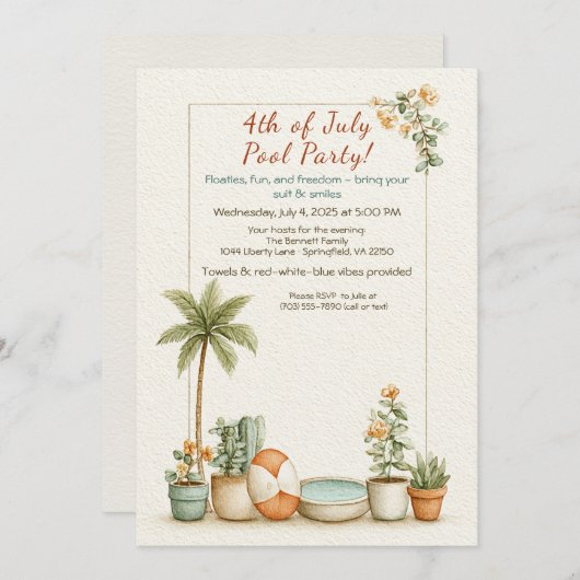 4 juli Pool Party Invitation – Elegant Line Kaart (Voorkant / Achterkant)