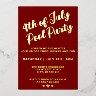 4 juli Pool Party Rood Elegant Script Folie Uitnodiging