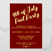 4 juli Pool Party Rood Elegant Script Folie Uitnodiging (Voorkant)