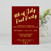 4 juli Pool Party Rood Elegant Script Folie Uitnodiging (Staand Voorkant)