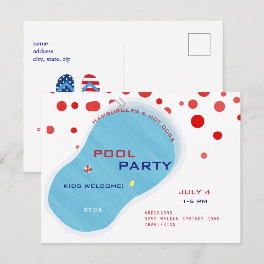 4 juli Pool Party Teenslippers Invitation Briefkaa Uitnodiging Briefkaart (Voorkant / Achterkant)