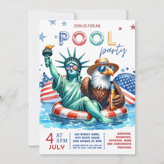 4 juli Pool Party Uitnodiging - Onafhankelijkheid (Voorkant)